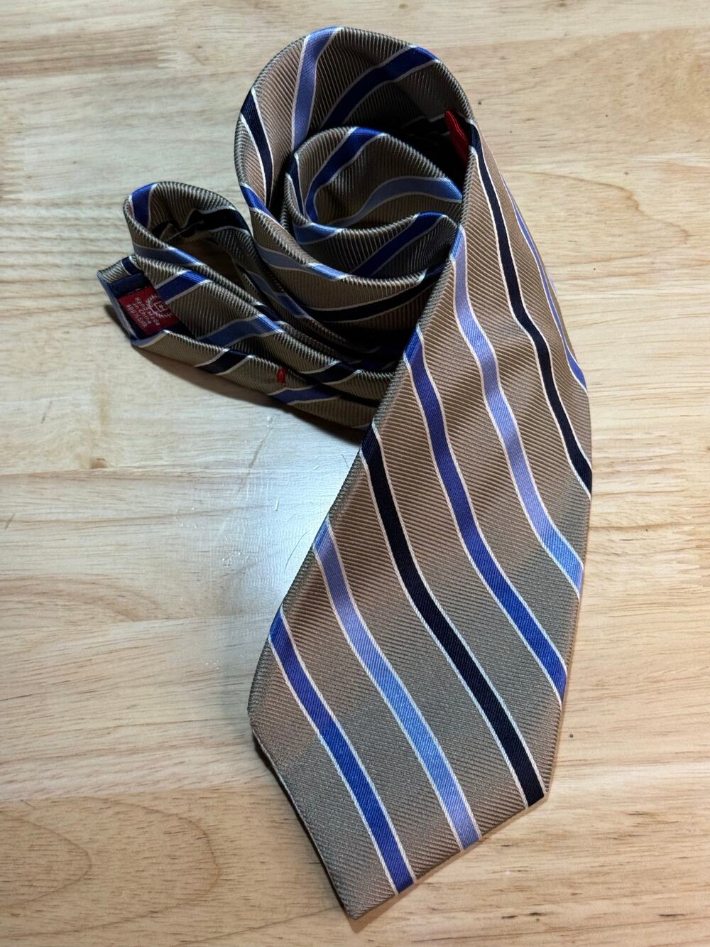 Chaps Ralph Lauren Mens Tan with Blue Stripes Hand Made 100% Silk Neck Tie